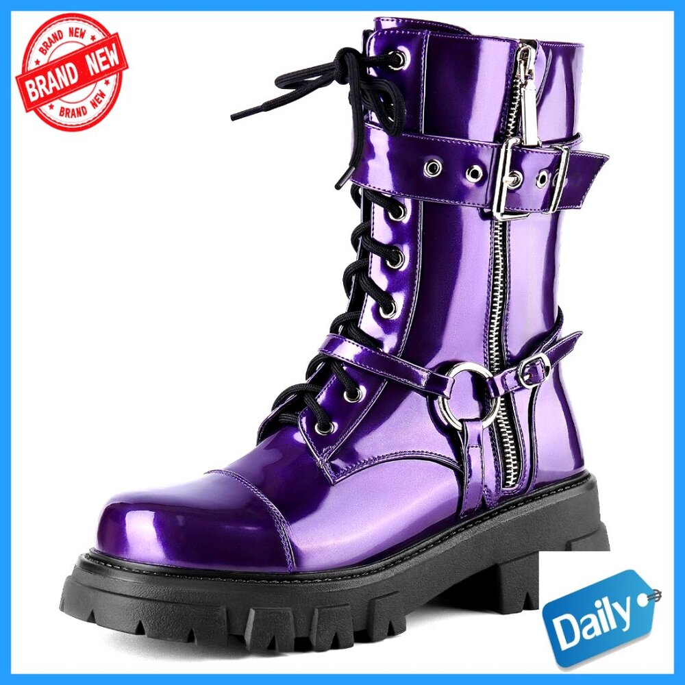 Women's Motorcycle Biker Boots Mid-Calf Combat Steampunk Chunky Heel Lug Sole - Picture 1 of 7